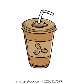 coffee cup with straw and use colored doodle style on white background