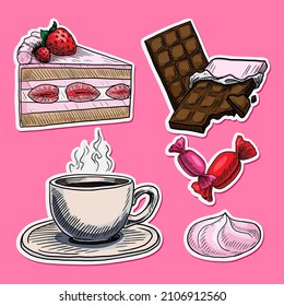 Coffee cup and strawberry sweets. Set of stickers on pink background