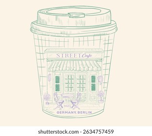 Coffee cup. Street cafe graphic print design for t shirt, apparel, posters, background and others. Welcome street cafe abstract art design.