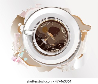 Coffee cup with a street cafe on a coffee background.