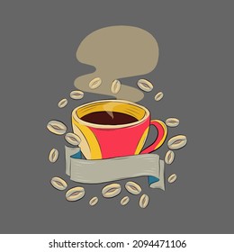 coffee cup studded with steaming coffee beans, with custom text ribbon. coffee shop illustration
