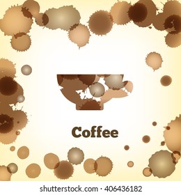 Coffee cup stylized silhouette on coffee splashes background. Vector image