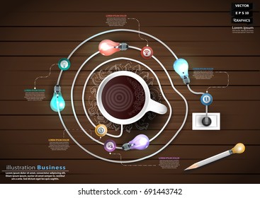 Coffee cup  for success - Light bulbs 4 colors -  modern Idea and Concept Vector illustration Business Infographic template with  Pencil,background Wood. 