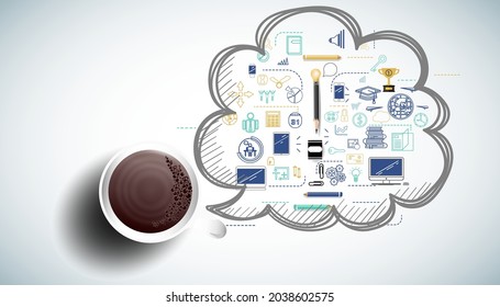 Coffee cup  for success with plan,think,search,analyze,communicate, futuristic idea innovation technology modern.vector