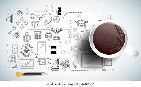 Coffee cup  for success with plan,think,search,analyze,communicate, futuristic idea innovation technology modern.vector