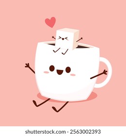 Coffee cup and Sugar cube character design. cartoon vector.