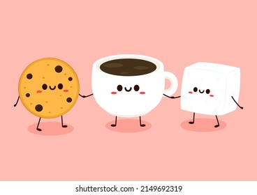 Coffee Cup, Sugar Cube And Cookie Character Design. Cartoon Vector.