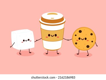 Coffee Cup, Sugar Cube And Cookie Character Design. Cartoon Vector.