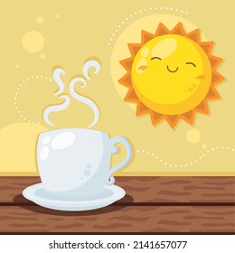 coffee cup and sun character scene