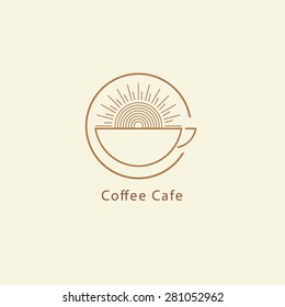 Coffee Cup With Sun Rise Linear Logo Vector.