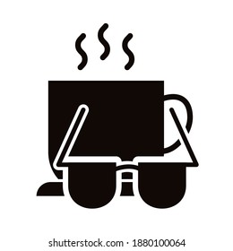 coffee cup and sunglasses block style icon vector illustration design