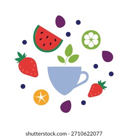 Una taza de café rodeada de una mezcla de uvas
