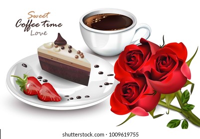 Coffee cup and Sweet cake slice Vector realistic. Coffeetime cards