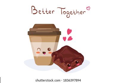 Coffee Cup with sweet chocolate brownie. Vector kawaii cartoon food illustration isolated on white background. Funny dessert mascot. Use for cute children cafe menu, card, poster, t-shirt print.