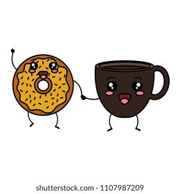 coffee cup with sweet donuts kawaii characters