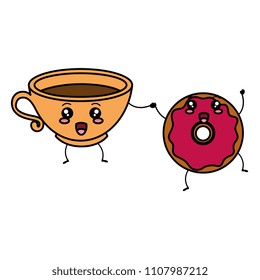 coffee cup with sweet donuts kawaii characters