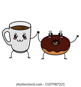 coffee cup with sweet donuts kawaii characters