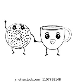 coffee cup with sweet donuts kawaii characters