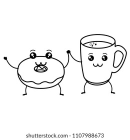 coffee cup with sweet donuts kawaii characters