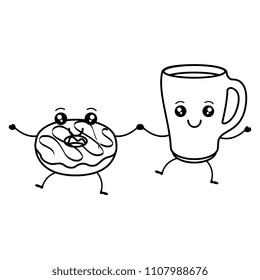 coffee cup with sweet donuts kawaii characters