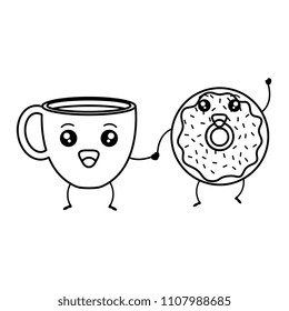 coffee cup with sweet donuts kawaii characters