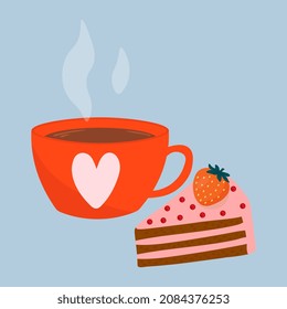 Coffee cup with sweet piece of cake. Hot drink isolated on blue background.