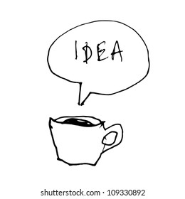 Coffee cup symbol with idea word in speech bubble. Hand-drawn illustration