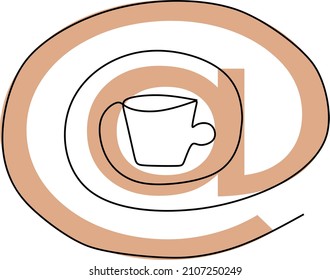 Coffee cup and the at symbol. Coffee and internet. Tea and internet. Coffeeshop with wifi.