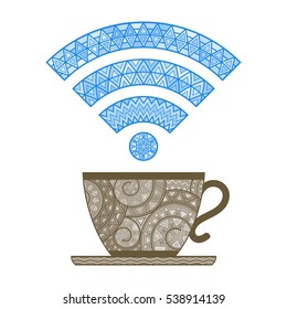 coffee cup and symbol Wi-Fi, creative sticker free Wi-Fi, geometric tribal pattern, vector