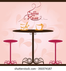 Coffee cup and table on the pink background