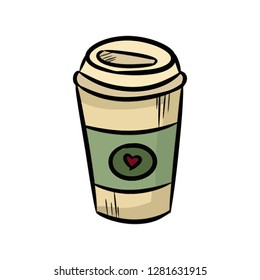 Coffee cup take away doodle. Cute colorful sticker icon