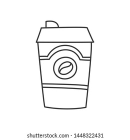 Coffee cup. Take away coffee cup icon. Coffee to go icon on white background. Coffee cup icon with bean symbol in flat line style. Disposable cup vector illustration. 