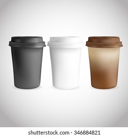 Coffee cup takeaway. Mock up for design in white, black and brown colors. Product packing design.
