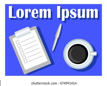 Coffee cup with task list and pen. Flat vector illustration with place for text. To-do planner for analog writing and ticking. Traditional time management. Empty checklist for planning. Office morning