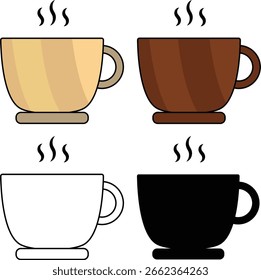 Las siluetas del símbolo del logotipo de la taza de café o de té establecen tazas de Vector con café o té.