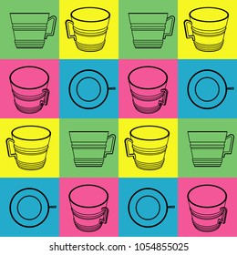Coffee cup and Tea cup icon set. Vector color seamless pattern. Pop art design.