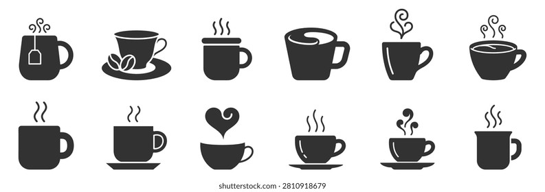 coffee cup and tea cup icons set black silhouette collection on transparent background