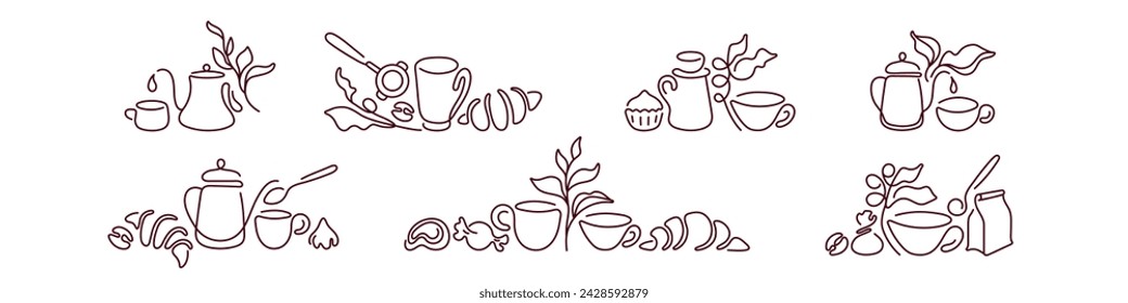 Taza de café, lote de línea de té. Boceto de caramelo, croissant, trufa, magdalena. Logotipo abstracto de panadería y café. Bebida natural de hierbas