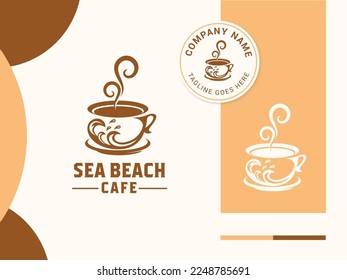 Coffee cup or tea cup logo design template for sea beach coffee shop, cafe. 