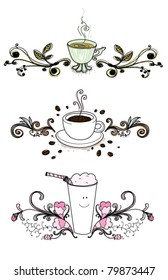 Coffee cup, Tea cup and Milk Shake character with decoration, doodle drawing vector set for cafe and restaurants
