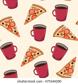 Coffee cup of tea and a slice of pizza. Seamless food pattern. Coffee and pizza background. Vector illustration.