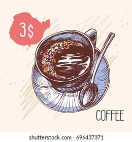 Coffee cup with a tea spoon on saucer. Vector illustration in retro style.