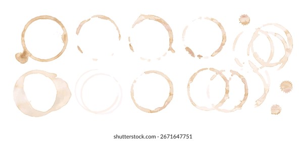 Coffee cup or tea stain drink ring vector illustration set isolated on white background. Coffee stain mark trace ring cup spot trace. Brown round splashes of drink collection.