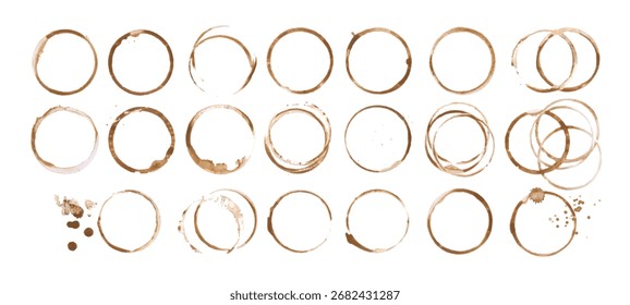 Kaffeetasse oder Tee Fleck trinken Ring Vektorgrafik-Set einzeln auf weißem Hintergrund. Kaffeefleckenmarkierung Spur Ring Cup Spot Spur. Braun runde Spritzer der Getränkesammlung.