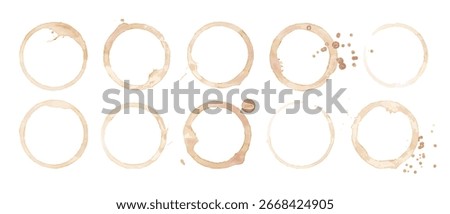 Coffee cup or tea stain drink ring vector illustration set isolated on white background. Coffee stain mark trace ring cup spot trace. Brown round splashes of drink collection.
