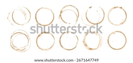 Coffee cup or tea stain drink ring vector illustration set isolated on white background. Coffee stain mark trace ring cup spot trace. Brown round splashes of drink collection.