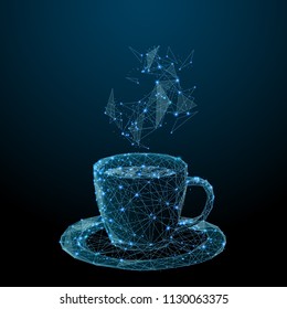 Coffee cup. Tea cup. Vector polygonal image in the form of a starry sky or space, consisting of points, lines, and shapes in the form of stars with destruct shapes.