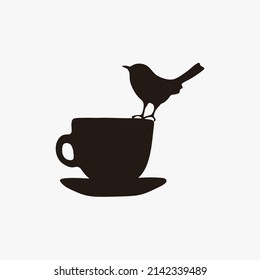 Coffee cup, teacup, with bird, black silhouette vector symbol design