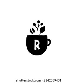 Coffee cup, teacup, mug, leaves and nut, black silhouette vector symbol design