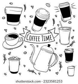 Coffee cup and teapot in hand drawn design for coffee shop background design. International coffee day campaign template